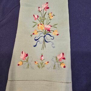 Hand Towel Blue-Green Linen Rose Bouquet Ribbons Embroidery 1950s MCM Vintage